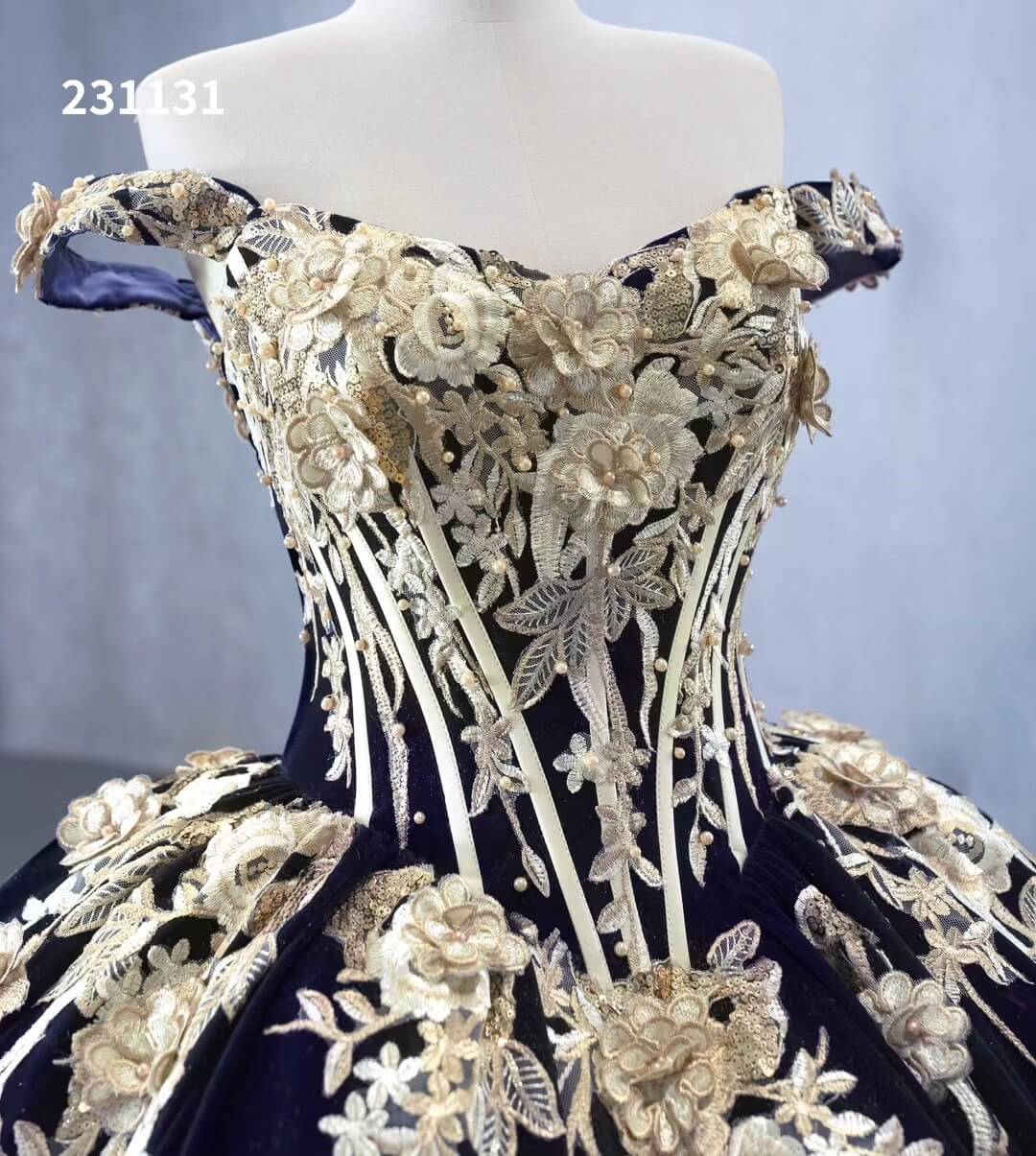 Vintage Navy Blue Velvet Ball Gown Wedding Dresses Gold Lace Appliqued Quince Dress 231131-Quinceanera Dresses 2025 -Viniodress-Navy Blue-Custom Size-