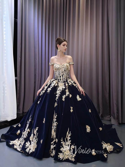 Vintage Navy Blue Velvet Ball Gown Wedding Dresses Gold Lace Appliqued Quince Dress 231131-Quinceanera Dresses 2025 -Viniodress-Navy Blue-Custom Size-