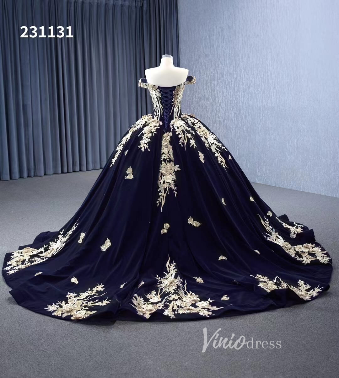 Vintage Navy Blue Velvet Ball Gown Wedding Dresses Gold Lace Appliqued Quince Dress 231131 - ViniodressQuinceanera DressesNavy BlueCustom Size - Formal Dresses - Ball Gowns