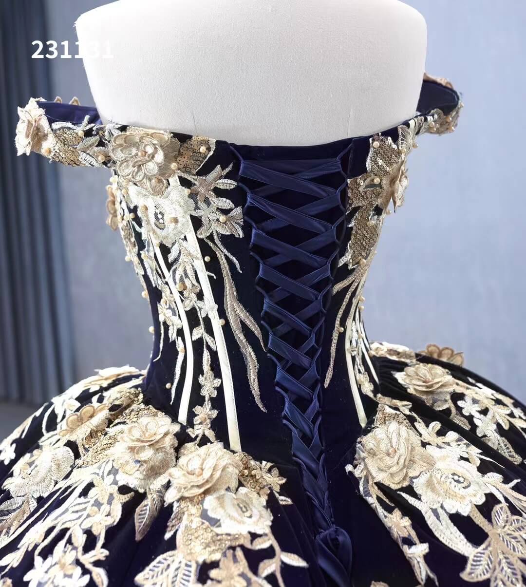 Vintage Navy Blue Velvet Ball Gown Wedding Dresses Gold Lace Appliqued Quince Dress 231131 - ViniodressQuinceanera DressesNavy BlueCustom Size - Formal Dresses - Ball Gowns