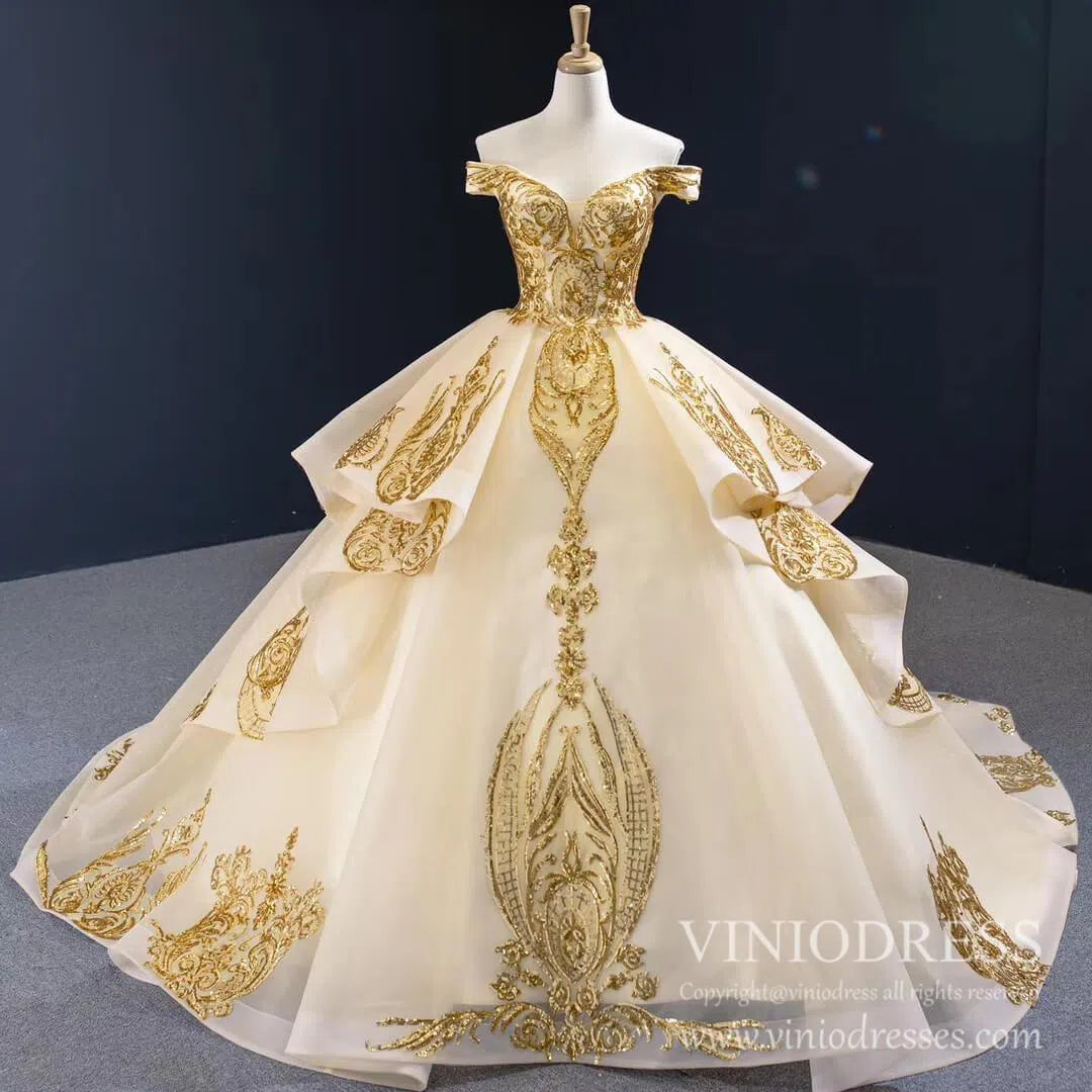 Vintage Off the Shoulder Quinceanera Dresses Gold Sequin Prom Dress 67024 viniodress-Quinceanera Dresses 2025 -Viniodress-Gold-Custom Size-