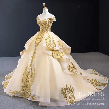 Vintage Off the Shoulder Quinceanera Dresses Gold Sequin Prom Dress 67024 viniodress-Quinceanera Dresses 2025 -Viniodress-Gold-Custom Size-