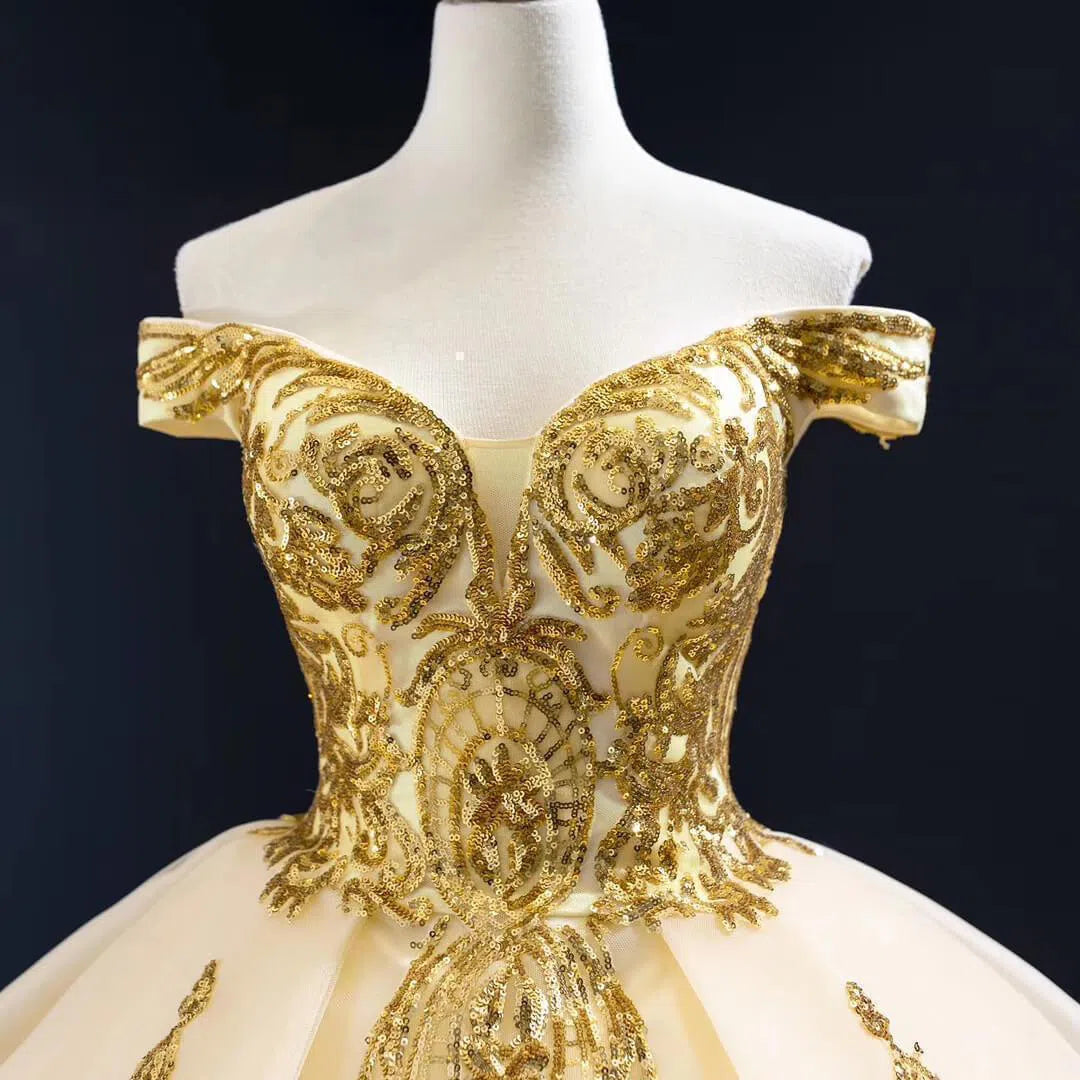 Vintage Off the Shoulder Quinceanera Dresses Gold Sequin Prom Dress 67024 viniodress-Quinceanera Dresses 2025 -Viniodress-Gold-Custom Size-