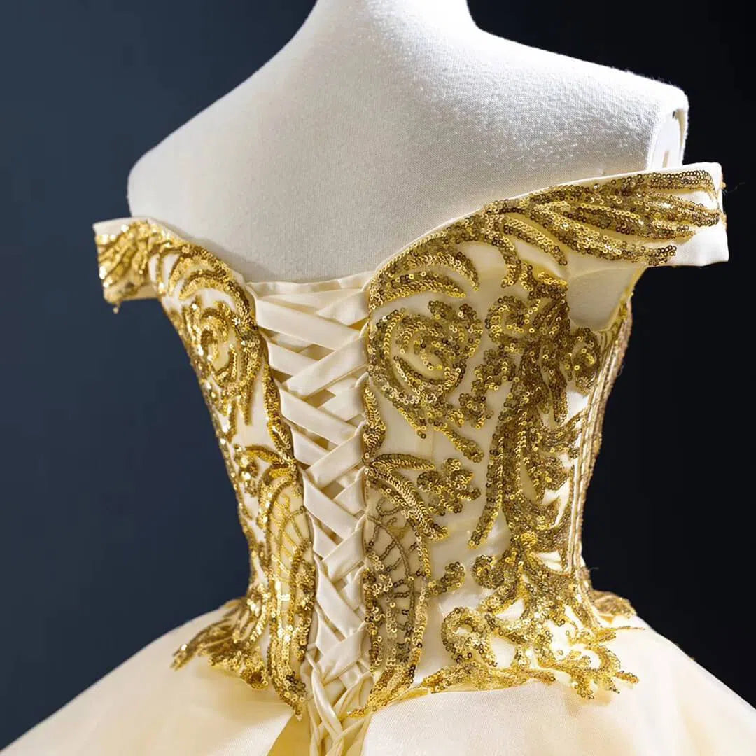 Vintage Off the Shoulder Quinceanera Dresses Gold Sequin Prom Dress 67024 viniodress-Quinceanera Dresses 2025 -Viniodress-Gold-Custom Size-