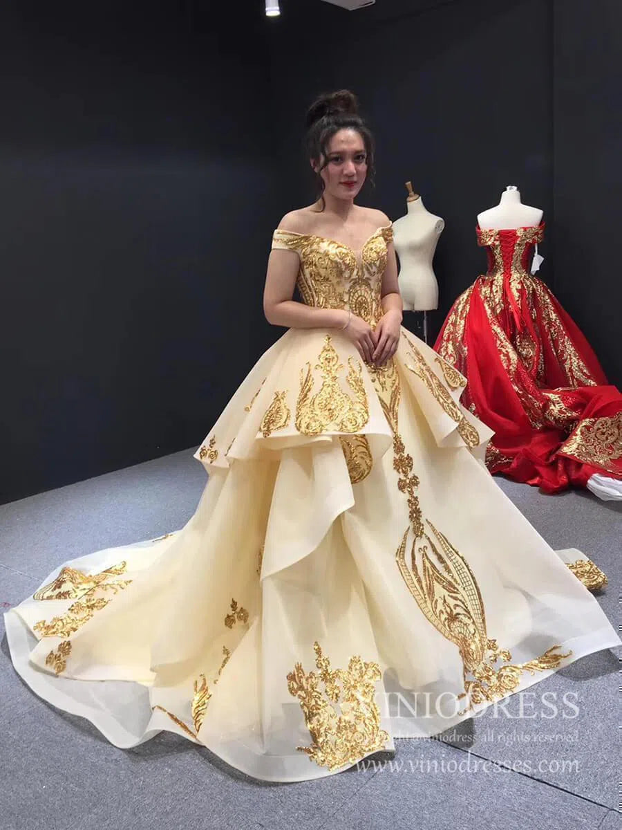 Vintage Off the Shoulder Quinceanera Dresses Gold Sequin Prom Dress 67024 viniodress-Quinceanera Dresses 2025 -Viniodress-Gold-Custom Size-