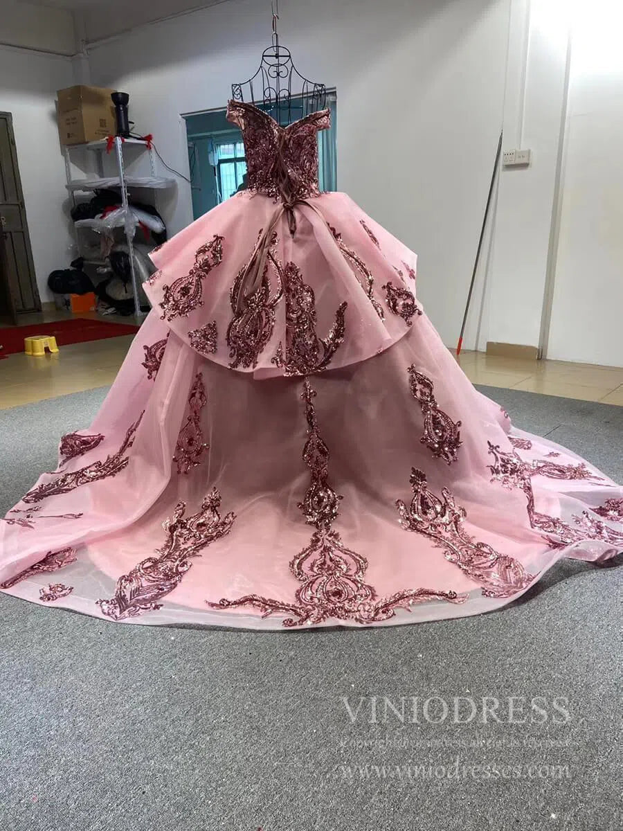 Vintage Off the Shoulder Quinceanera Dresses Gold Sequin Prom Dress 67024 viniodress-Quinceanera Dresses 2025 -Viniodress-Gold-Custom Size-