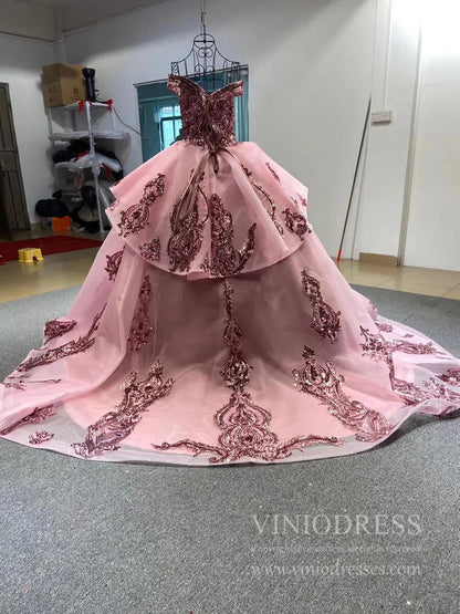 Vintage Off the Shoulder Quinceanera Dresses Gold Sequin Prom Dress 67024 viniodress-Quinceanera Dresses 2025 -Viniodress-Gold-Custom Size-