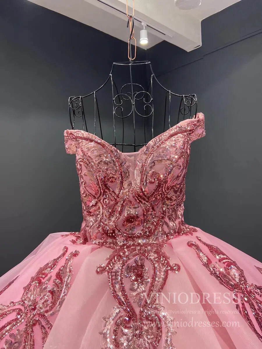 Vintage Off the Shoulder Quinceanera Dresses Gold Sequin Prom Dress 67024 viniodress-Quinceanera Dresses 2025 -Viniodress-Gold-Custom Size-
