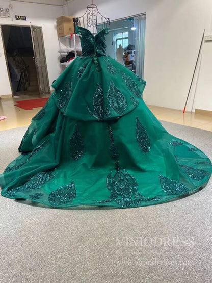 Vintage Off the Shoulder Quinceanera Dresses Gold Sequin Prom Dress 67024 viniodress-Quinceanera Dresses 2025 -Viniodress-Gold-Custom Size-