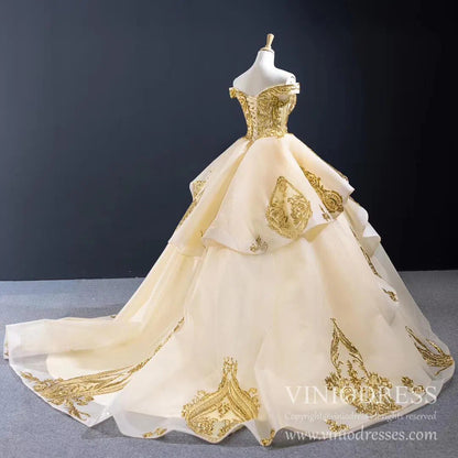 Vintage Off the Shoulder Quinceanera Dresses Gold Sequin Prom Dress 67024 viniodress-Quinceanera Dresses 2025 -Viniodress-Gold-Custom Size-