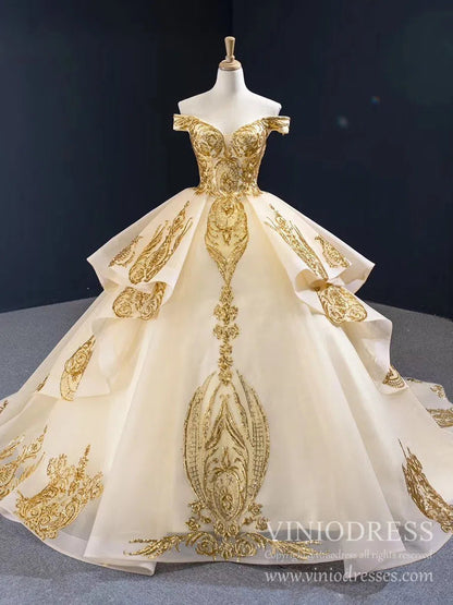 Vintage Off the Shoulder Quinceanera Dresses Gold Sequin Prom Dress 67024 viniodress-Quinceanera Dresses 2025 -Viniodress-Gold-Custom Size-