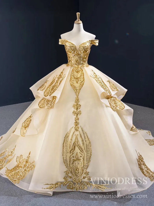 Vintage Off the Shoulder Quinceanera Dresses Gold Sequin Prom Dress 67024 viniodress-Quinceanera Dresses 2025 -Viniodress-Gold-Custom Size-