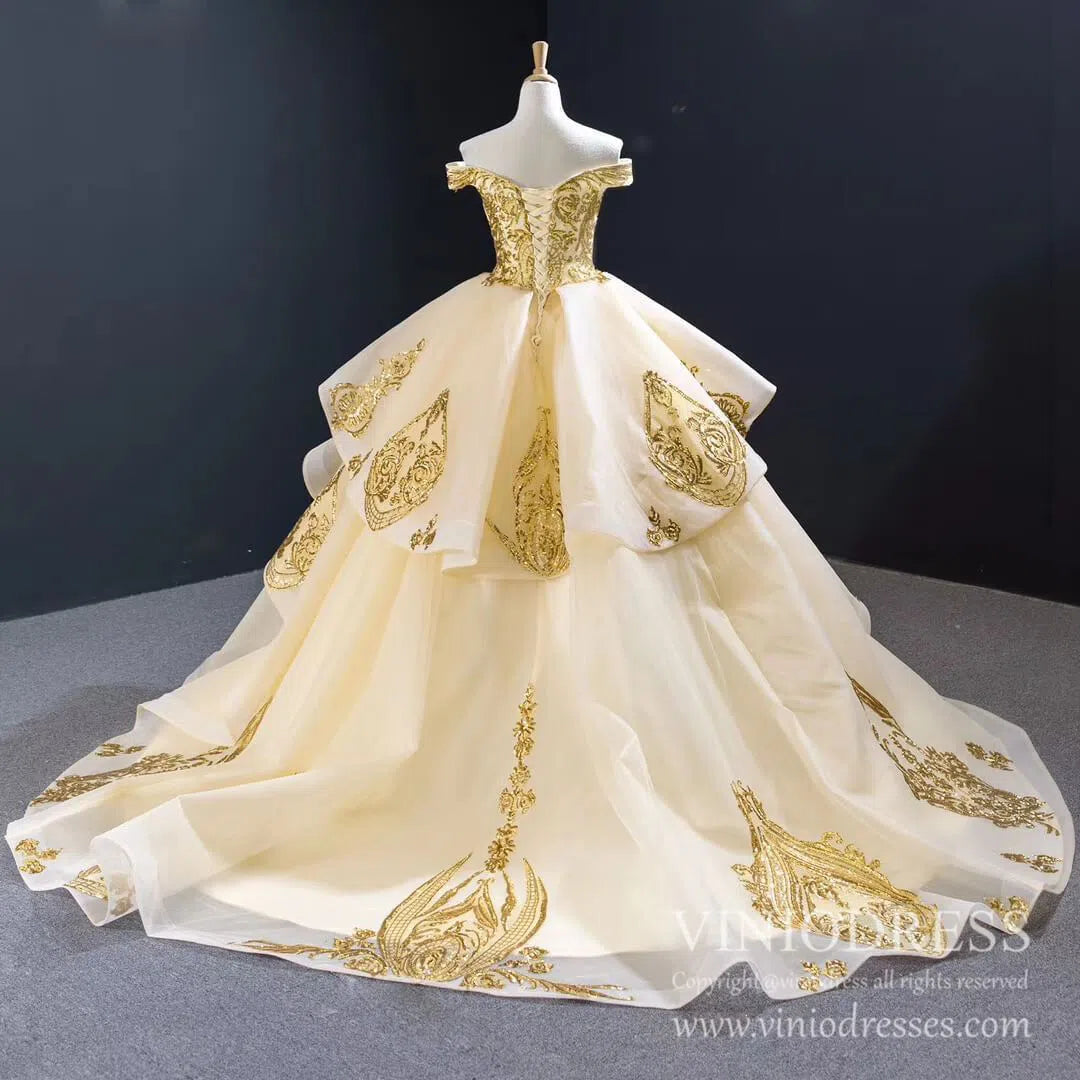 Vintage Off the Shoulder Quinceanera Dresses Gold Sequin Prom Dress 67024 viniodress-Quinceanera Dresses-Viniodress-Viniodress