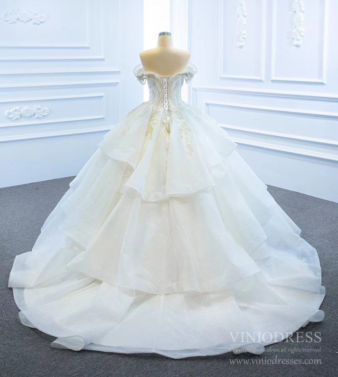 Vintage Off the Shoulder Tiered Ball Gown Wedding Dresses VW1799-wedding dresses 2025 -Viniodress-As Picture-Custom Size-