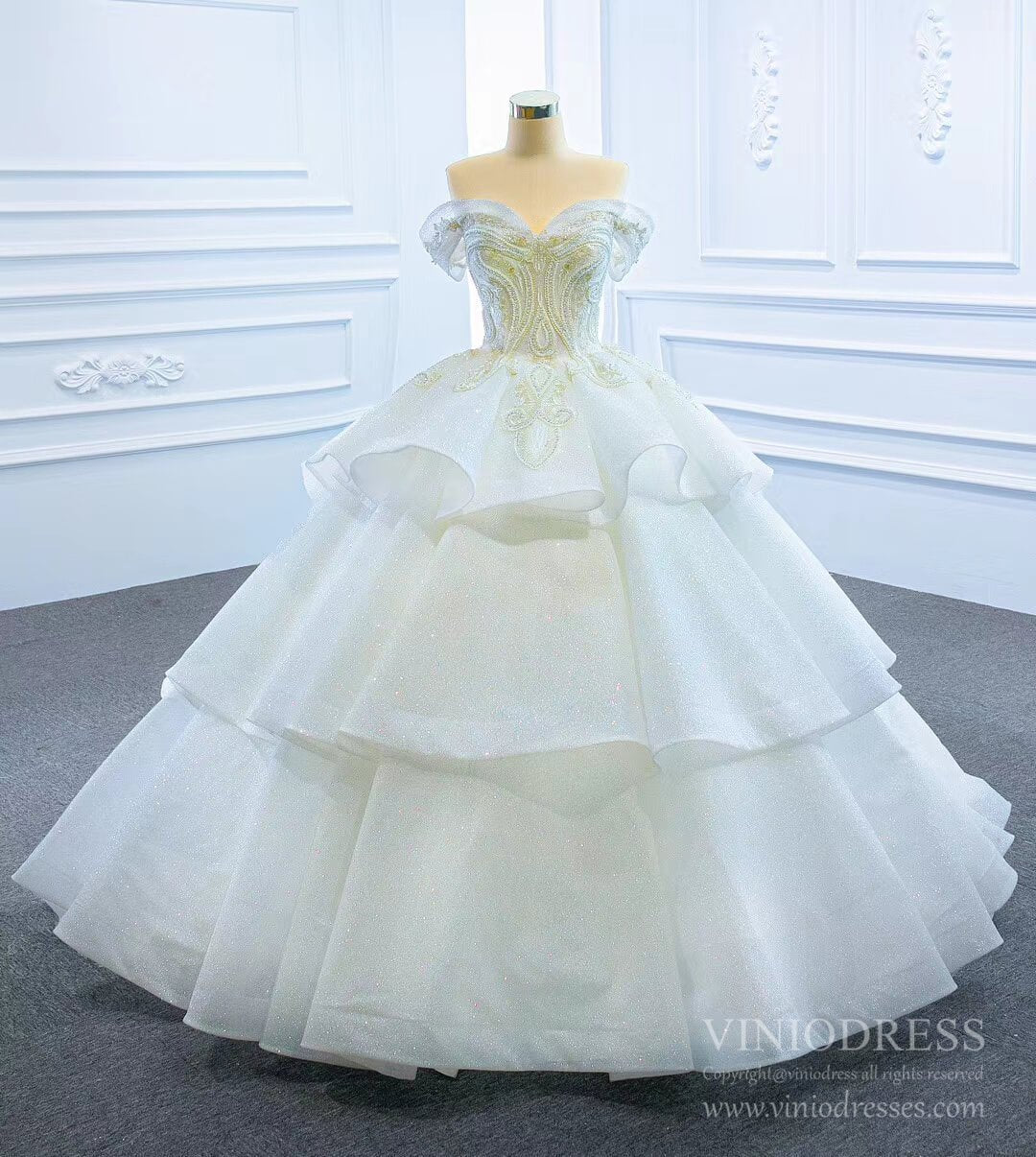 Vintage Off the Shoulder Tiered Ball Gown Wedding Dresses VW1799-wedding dresses 2025 -Viniodress-As Picture-Custom Size-