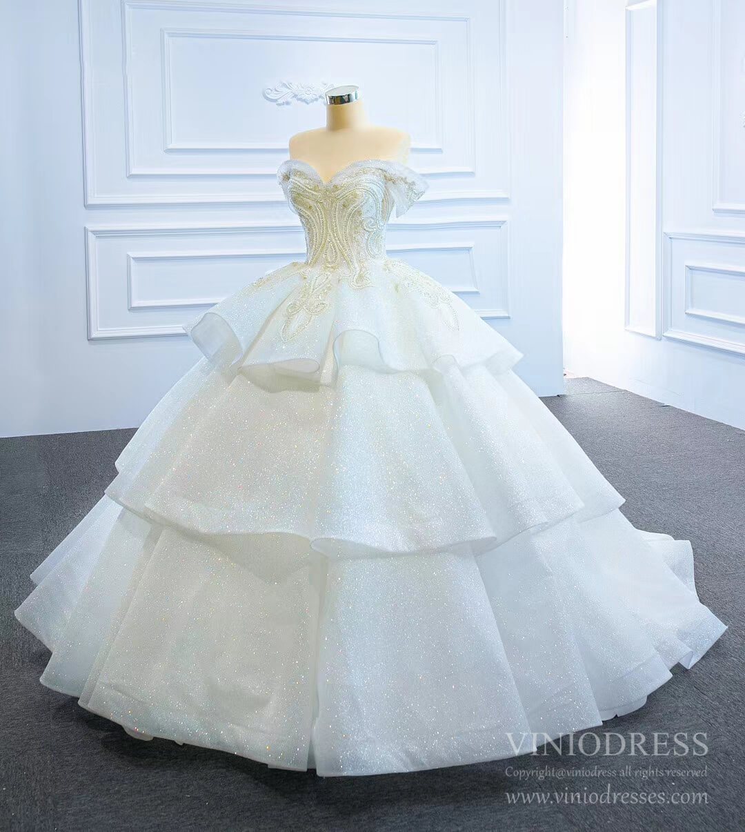 Vintage Off the Shoulder Tiered Ball Gown Wedding Dresses VW1799 Viniodress Vintage Off the Shoulder Tiered Ball Gown Wedding Dresses VW1799 Viniodress