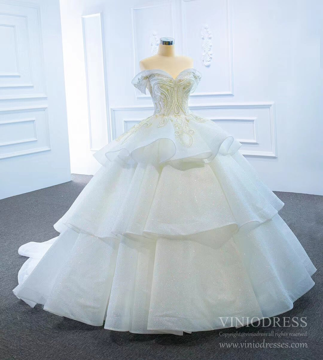 Vintage Off the Shoulder Tiered Ball Gown Wedding Dresses VW1799-wedding dresses 2025 -Viniodress-As Picture-Custom Size-