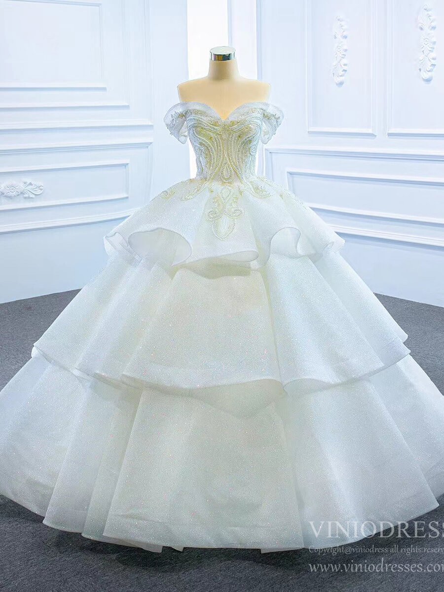 Vintage Off the Shoulder Tiered Ball Gown Wedding Dresses VW1799-wedding dresses 2025 -Viniodress-As Picture-Custom Size-