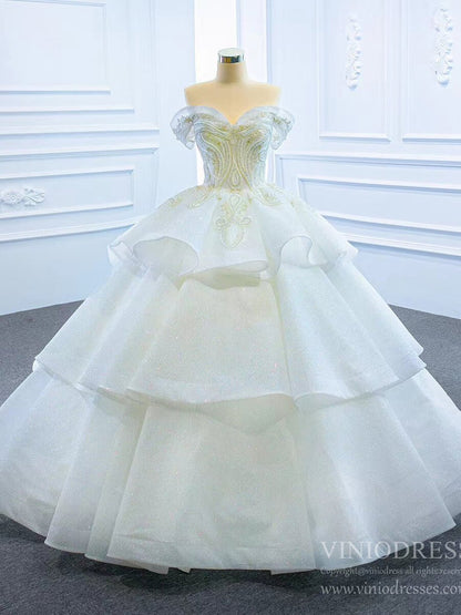 Vintage Off the Shoulder Tiered Ball Gown Wedding Dresses VW1799-wedding dresses 2025 -Viniodress-As Picture-Custom Size-