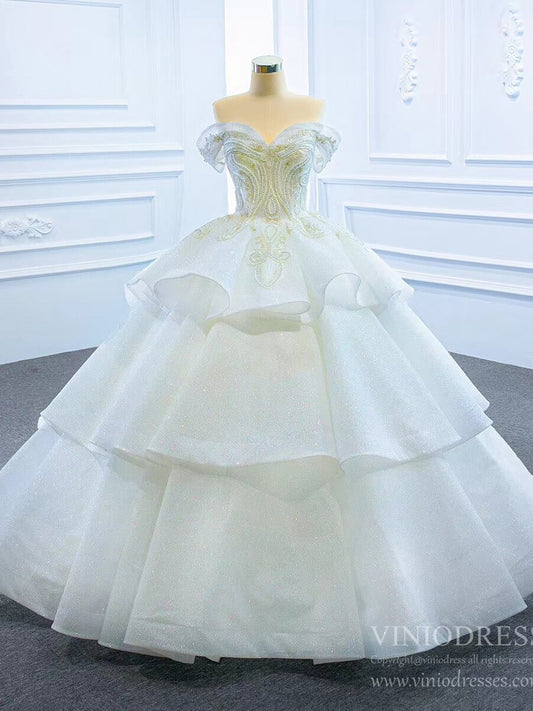 Vintage Off the Shoulder Tiered Ball Gown Wedding Dresses VW1799-wedding dresses 2025 -Viniodress-As Picture-Custom Size-