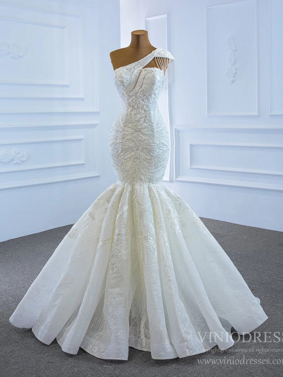 Vintage One Shoulder Lace Mermaid Wedding Dresses 67187-wedding dresses 2025 -Viniodress-Ivory-Custom Size-