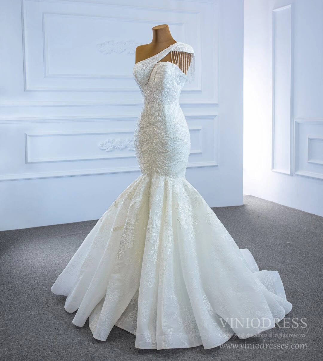 Vintage One Shoulder Lace Mermaid Wedding Dresses 67187-wedding dresses 2025 -Viniodress-Ivory-Custom Size-