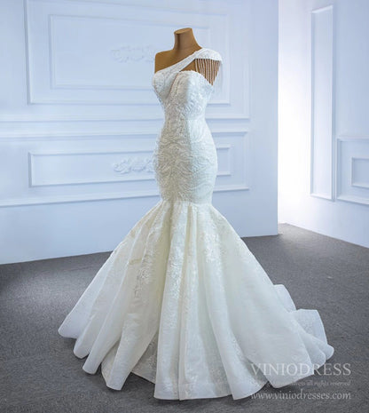 Vintage One Shoulder Lace Mermaid Wedding Dresses 67187-wedding dresses 2025 -Viniodress-Ivory-Custom Size-