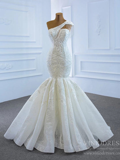 Vintage One Shoulder Lace Mermaid Wedding Dresses 67187-wedding dresses 2025 -Viniodress-Ivory-Custom Size-