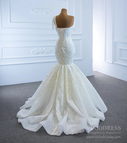 Vintage One Shoulder Lace Mermaid Wedding Dresses 67187-wedding dresses 2025 -Viniodress-Ivory-Custom Size-
