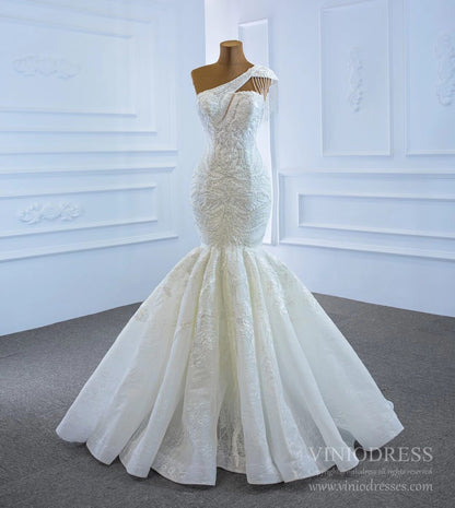 Vintage One Shoulder Lace Mermaid Wedding Dresses 67187-wedding dresses 2025 -Viniodress-Ivory-Custom Size-