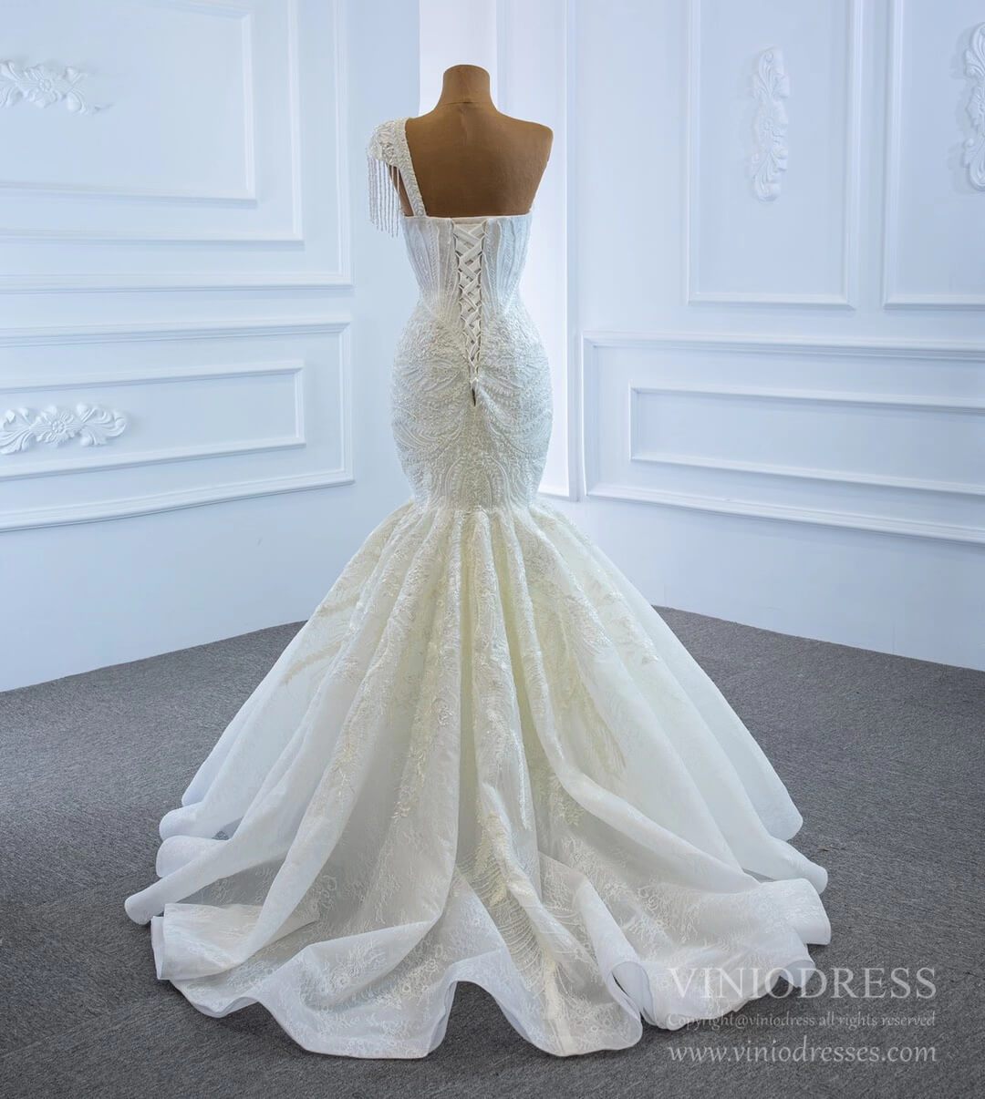 Vintage One Shoulder Lace Mermaid Wedding Dresses 67187-wedding dresses 2025 -Viniodress-Ivory-Custom Size-