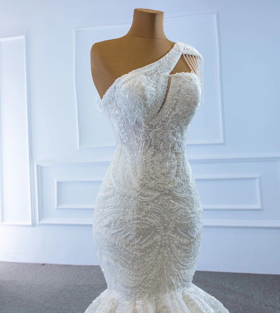 Vintage One Shoulder Lace Mermaid Wedding Dresses 67187-wedding dresses 2025 -Viniodress-Ivory-Custom Size-