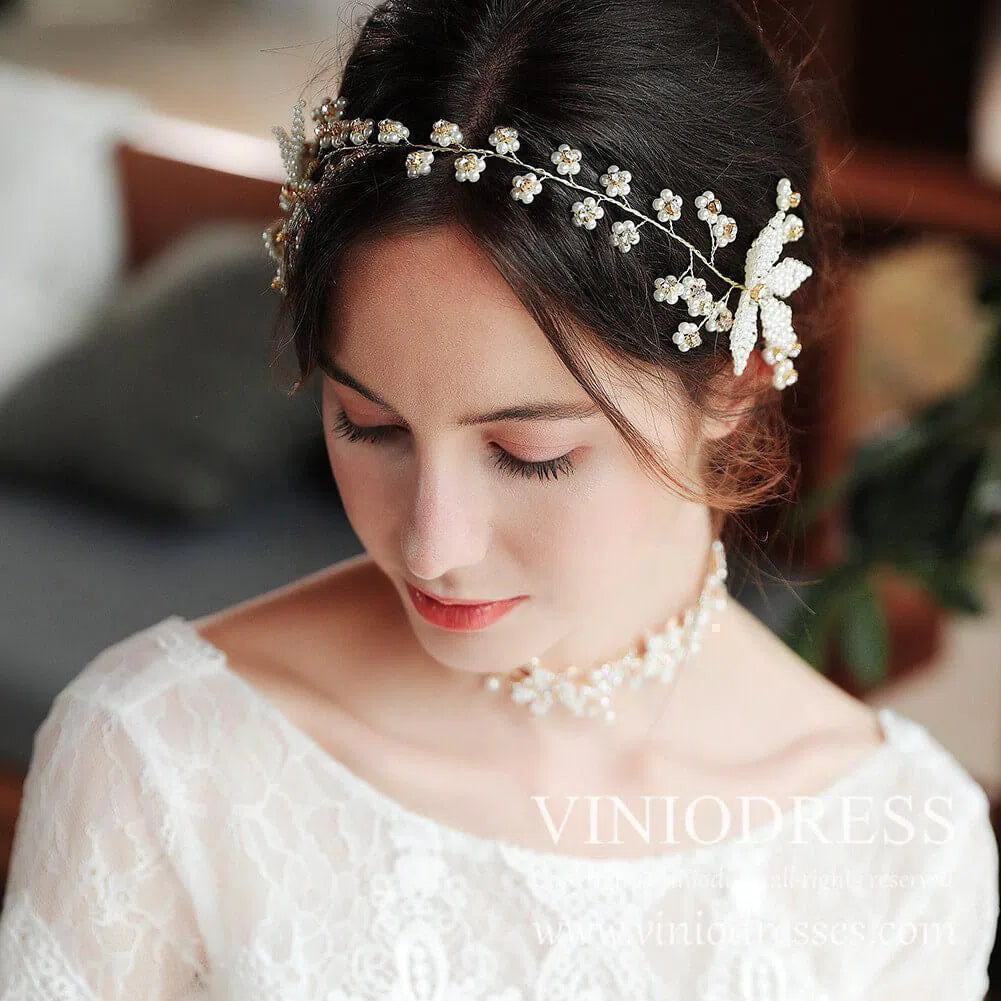 Vintage Pearl Blossom Headband AC1060-Headpieces-Viniodress-Gold-Viniodress