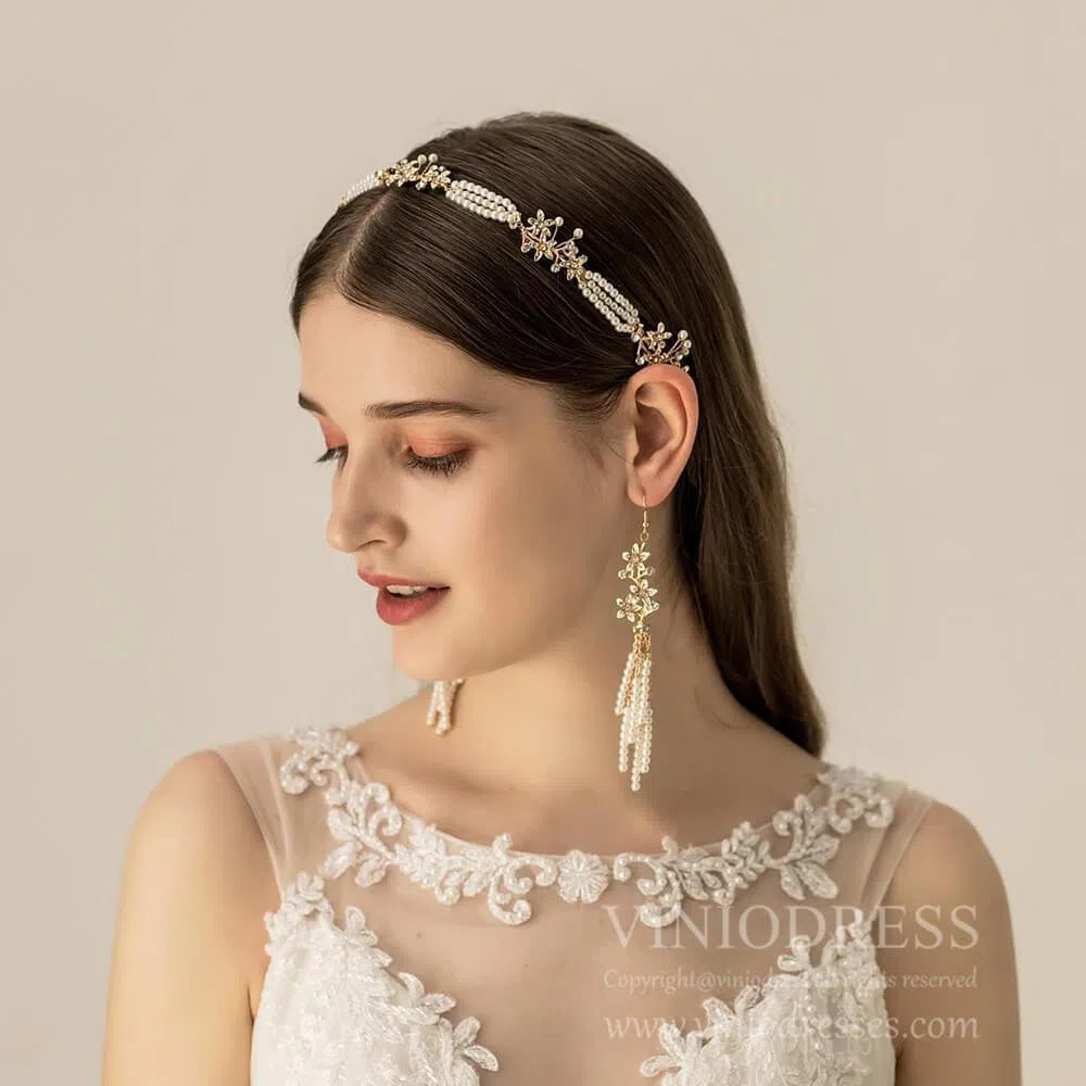 Vintage Pearl Drop Eearrings and Headband Set AC1101-Headpieces 2025 -Viniodress-Headband&Earrings-
