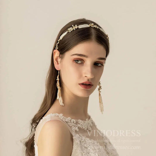 Vintage Pearl Drop Eearrings and Headband Set AC1101-Headpieces 2025 -Viniodress-Headband&Earrings-