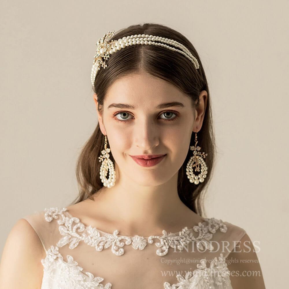 Vintage Pearl Eearrings and Headband Set AC1194-Headpieces 2025 -Viniodress-Headband&Earrings-