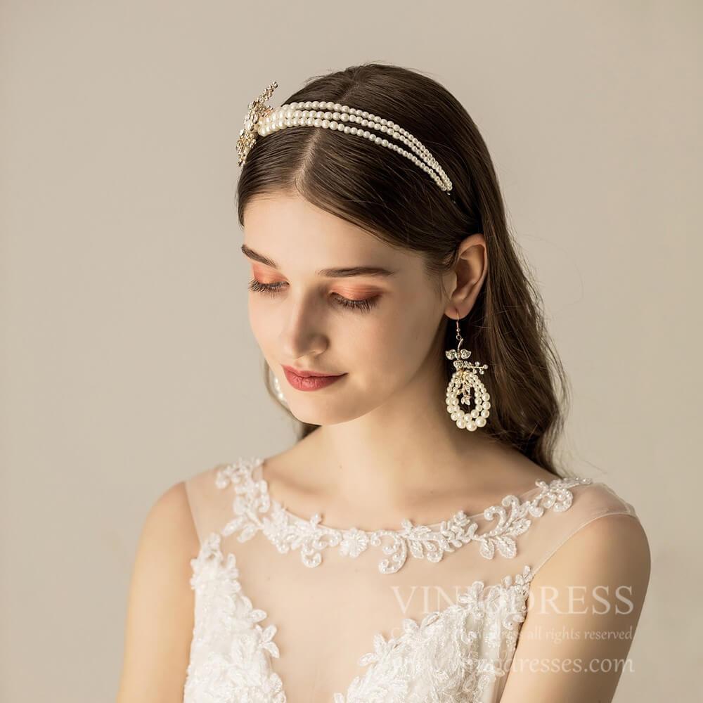 Vintage Pearl Eearrings and Headband Set AC1194-Headpieces-Viniodress-Viniodress