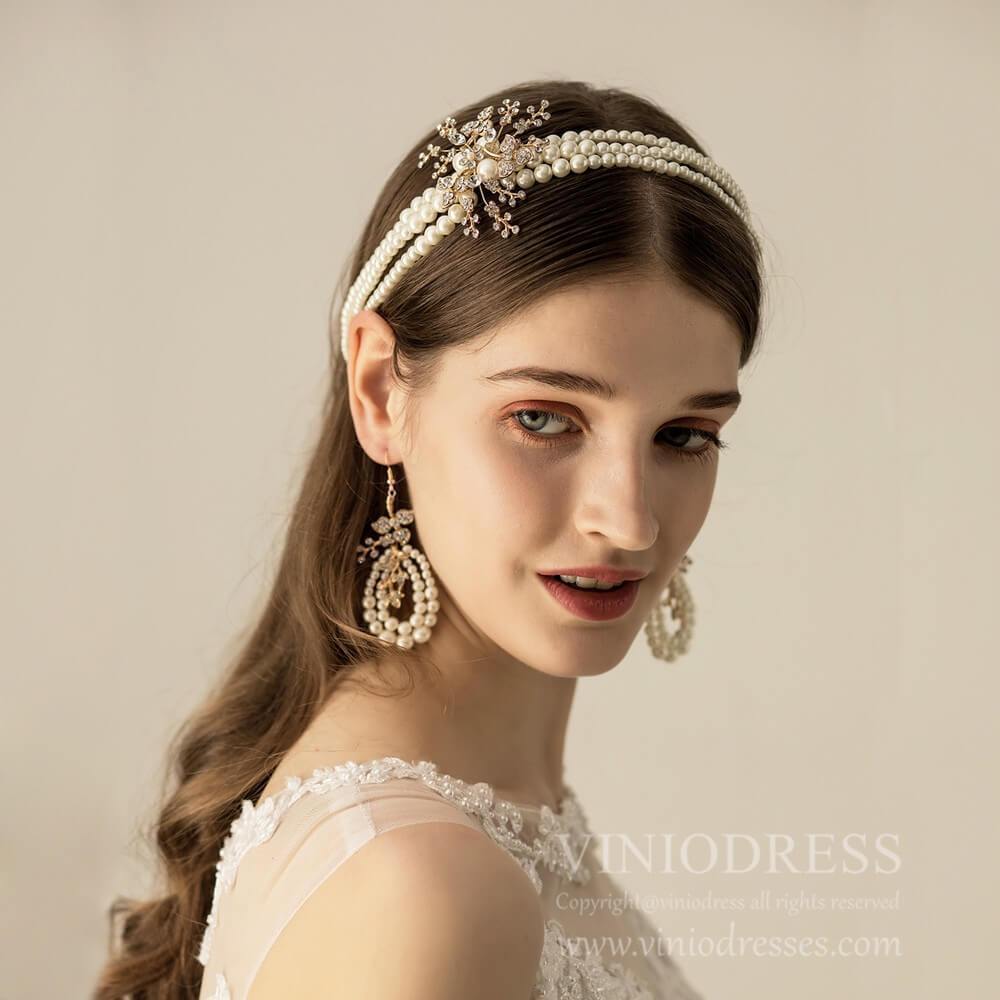 Vintage Pearl Eearrings and Headband Set AC1194-Headpieces-Viniodress-Headband&Earrings-Viniodress