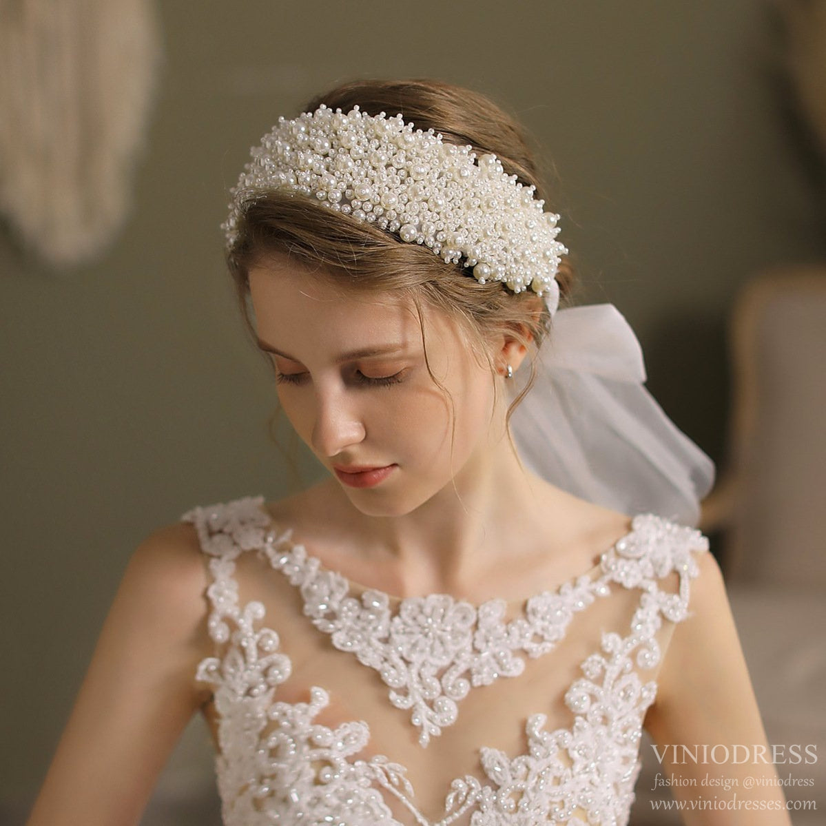 Vintage Pearl Headband Bridal Hair Band-Accessories-Viniodress-Ivory-Viniodress