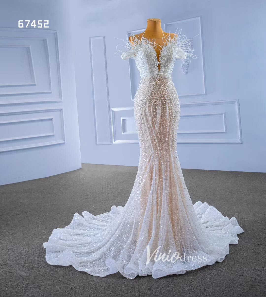 Vintage Pearl Mermaid Wedding Dresses Luxury Beaded Wedding Gown 67452-wedding dresses 2025 -Viniodress-Ivory-Custom Size-