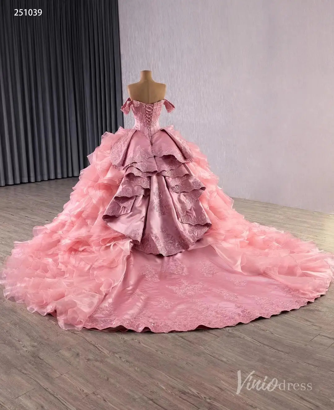Vintage Pink Off-Shoulder Wedding Gown | Basque Waist Quinceañera & Debut Dress with Ruffle Overskirt 251039-Quinceanera Dresses 2025 -Viniodress-Pink-Custom Size-