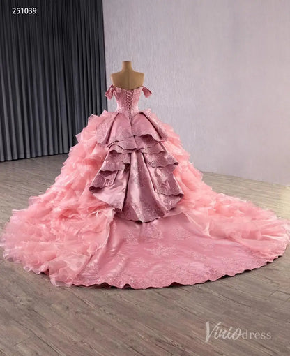 Vintage Pink Off-Shoulder Wedding Gown | Basque Waist Quinceañera & Debut Dress with Ruffle Overskirt 251039-Quinceanera Dresses 2025 -Viniodress-Pink-Custom Size-