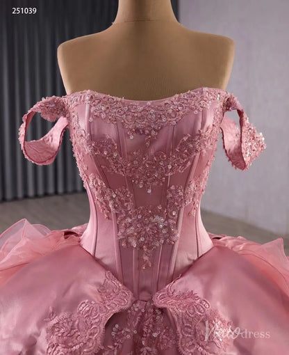 Vintage Pink Off-Shoulder Wedding Gown | Basque Waist Quinceañera & Debut Dress with Ruffle Overskirt 251039-Quinceanera Dresses 2025 -Viniodress-Pink-Custom Size-