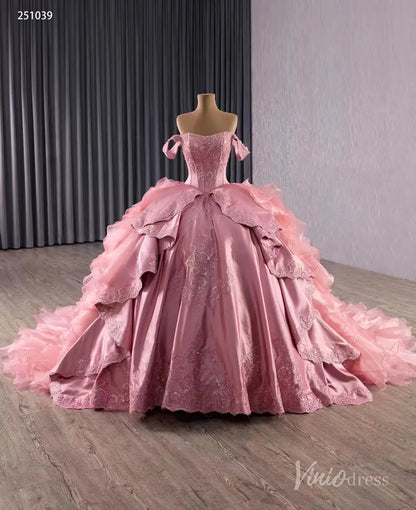Vintage Pink Off-Shoulder Wedding Gown | Basque Waist Quinceañera & Debut Dress with Ruffle Overskirt 251039-Quinceanera Dresses 2025 -Viniodress-Pink-Custom Size-