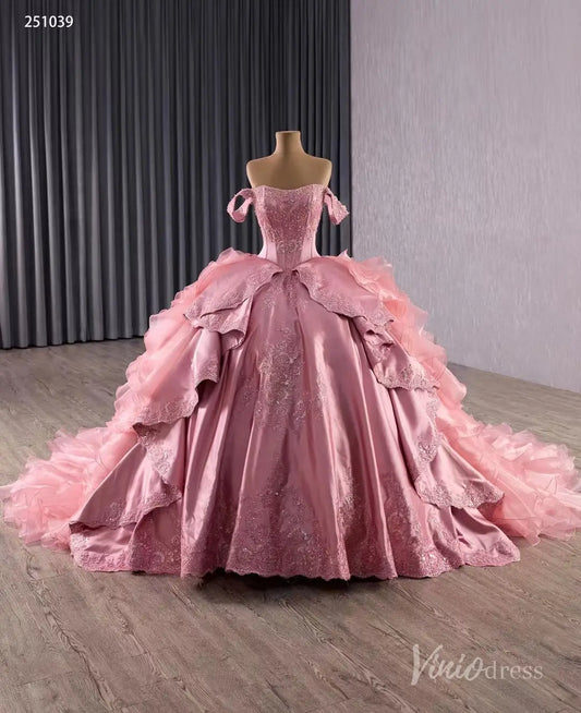 Vintage Pink Off-Shoulder Wedding Gown | Basque Waist Quinceañera & Debut Dress with Ruffle Overskirt 251039-Quinceanera Dresses 2025 -Viniodress-Pink-Custom Size-