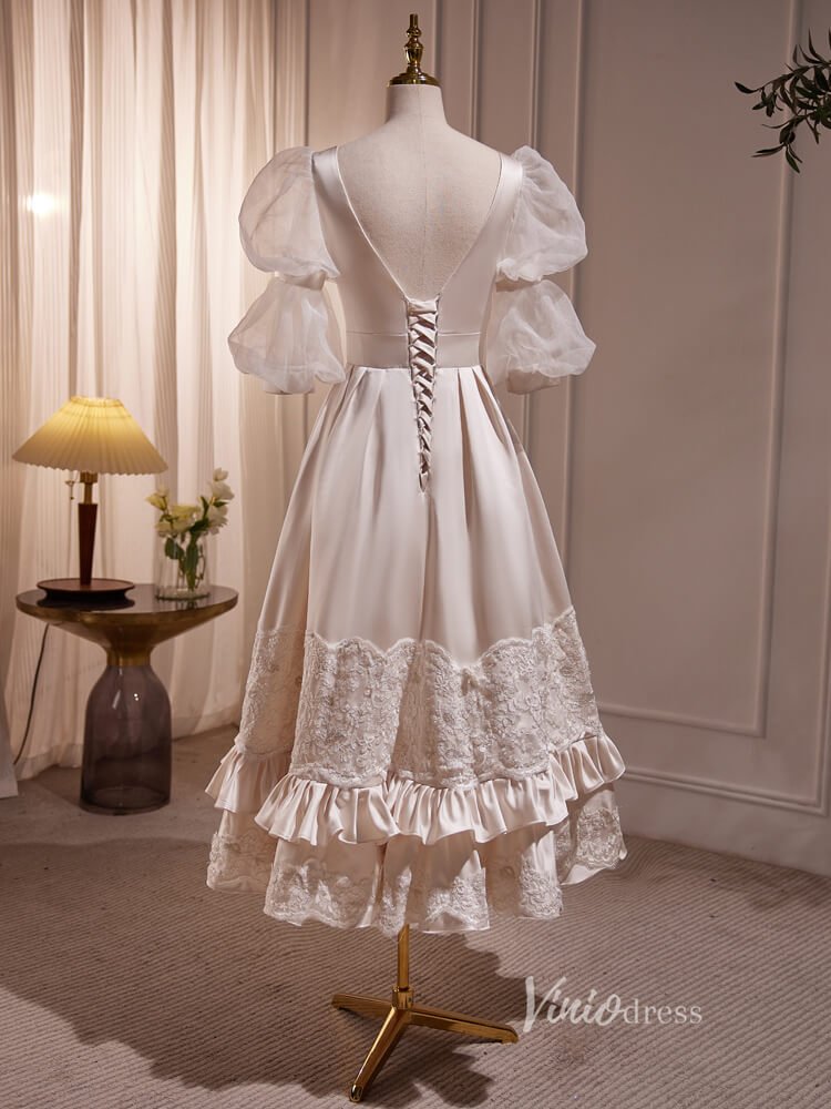 Vintage Puff Sleeve Gown Tea Length Champagne Satin Prom Dresses BJ010-prom dresses 2025 -Viniodress-Champagne-Custom Size-