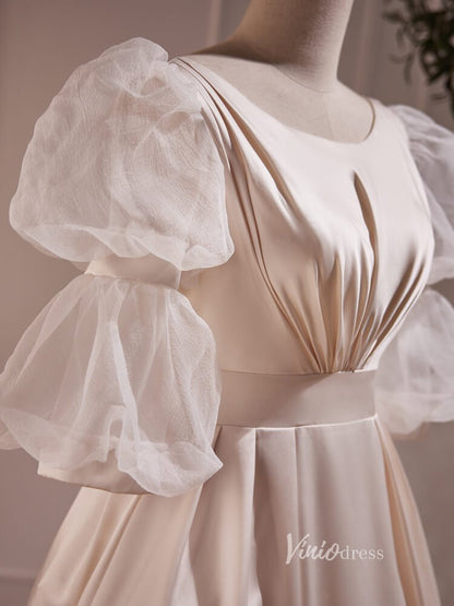 Vintage Puff Sleeve Gown Tea Length Champagne Satin Prom Dresses BJ010-prom dresses 2025 -Viniodress-Champagne-Custom Size-