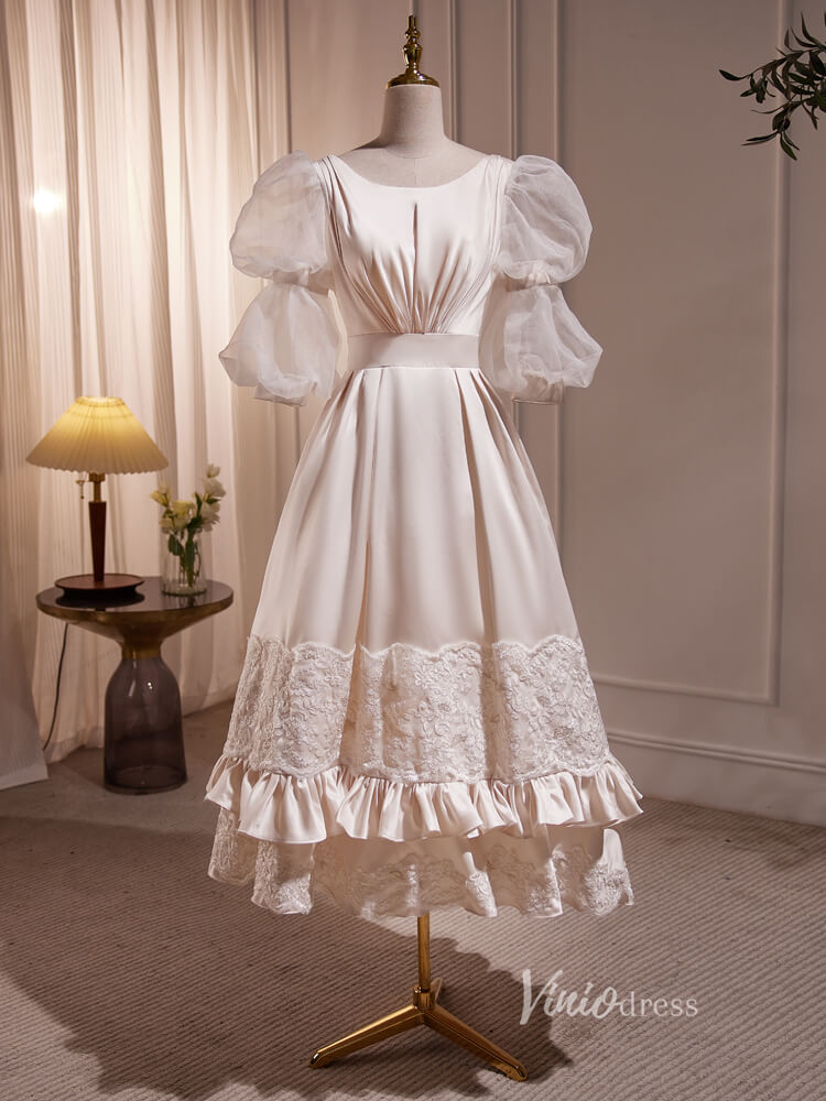 Vintage Puff Sleeve Gown Tea Length Champagne Satin Prom Dresses BJ010-prom dresses-Viniodress-Champagne-Custom Size-Viniodress