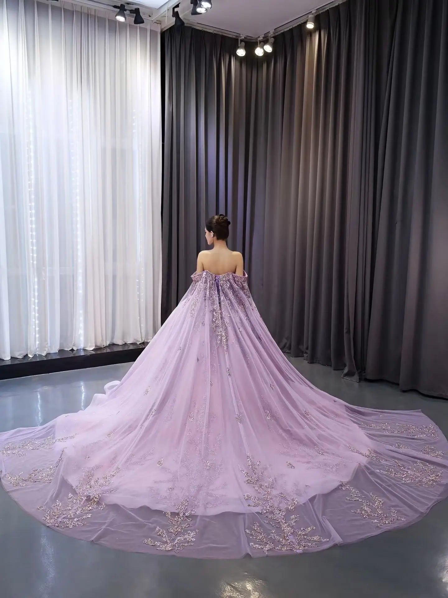 Vintage Purple Lace Ball Gown with Cape | Off-the-Shoulder Quinceañera Dress & Basque Waist 251119-Quinceanera Dresses 2026-Viniodress-Lavender-Custom Size-