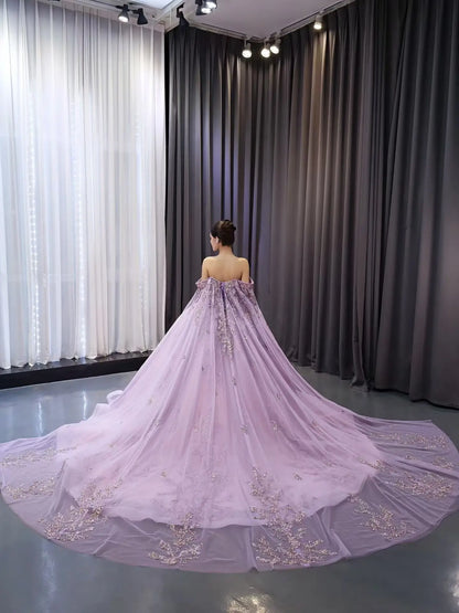 Vintage Purple Lace Ball Gown with Cape | Off-the-Shoulder Quinceañera Dress & Basque Waist 251119-Quinceanera Dresses 2026-Viniodress-Lavender-Custom Size-